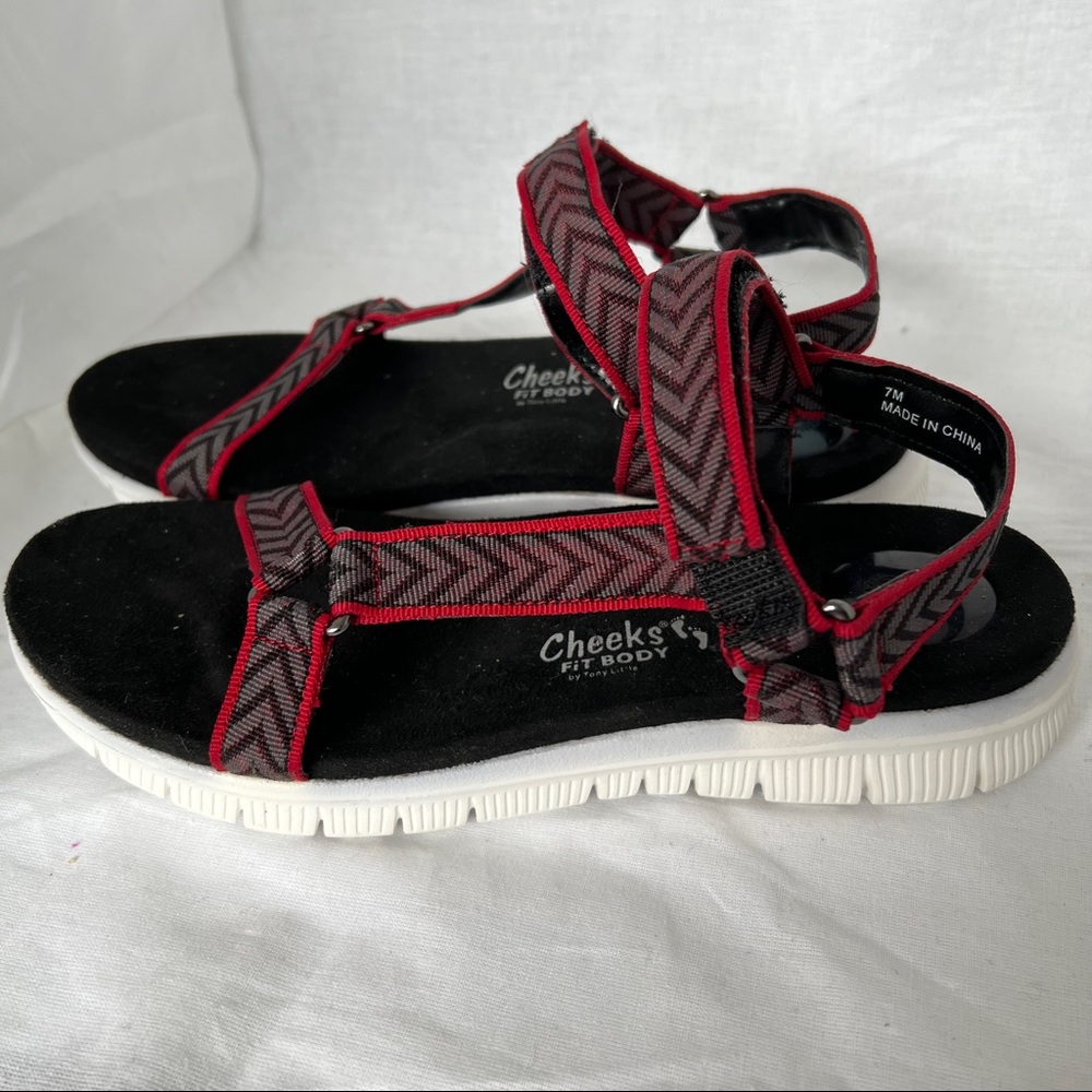 Tony Little CHEEKS Sandals Fit Body Straps Hook & Loop Red Black Fabric US Sz 7